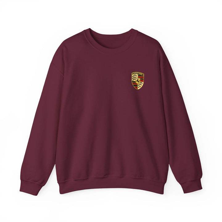 Crewneck Sweatshirt — Porsche Crest Embroidered Logo, Maroon Casual Automotive Pullover