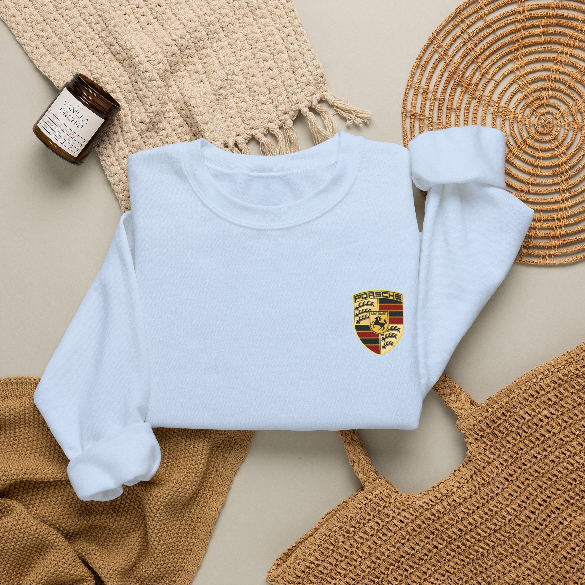 Crewneck Sweatshirt — Porsche Crest Embroidered Logo, Maroon Casual Automotive Pullover