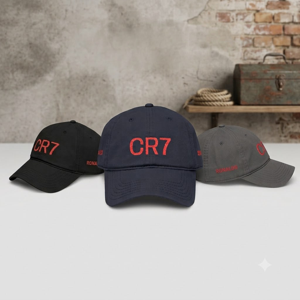 CR7 GOAT Embroidered Baseball Cap — Washed Cotton Dad Hat for Soccer Fans
