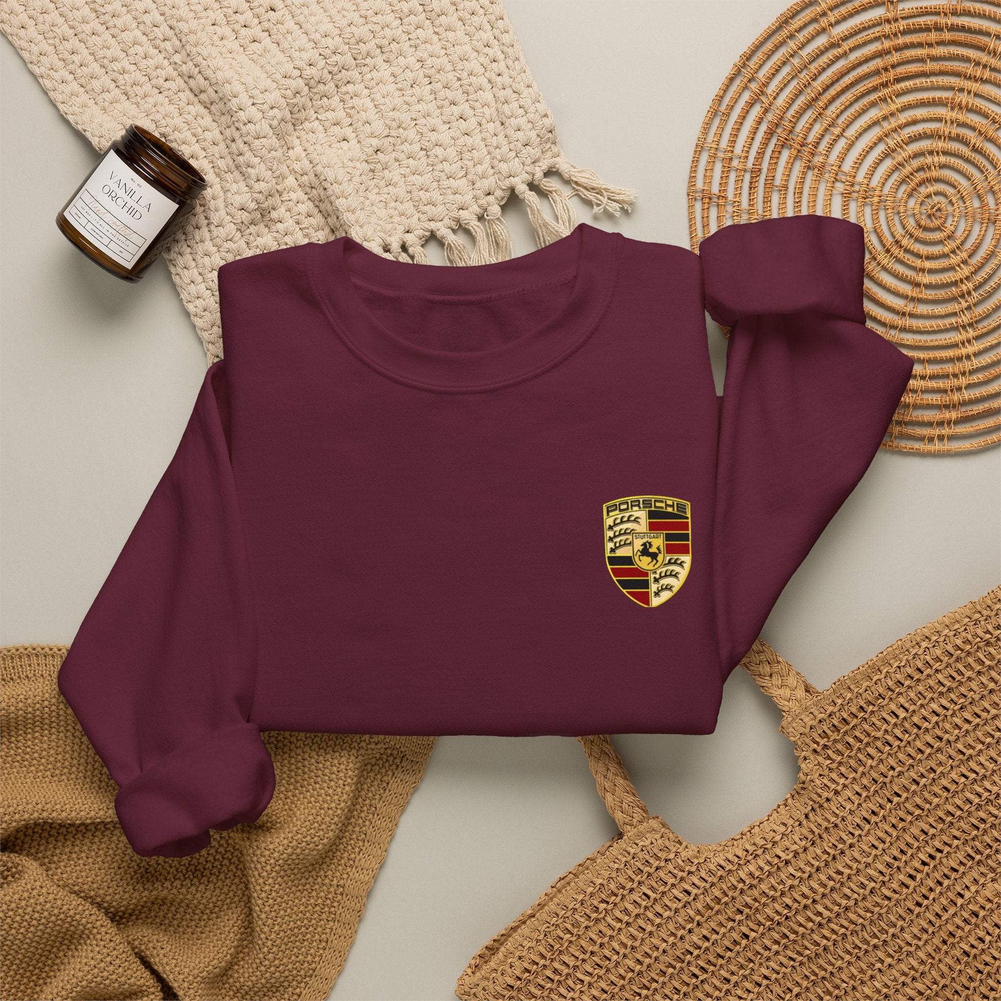 Crewneck Sweatshirt — Porsche Crest Embroidered Logo, Maroon Casual Automotive Pullover